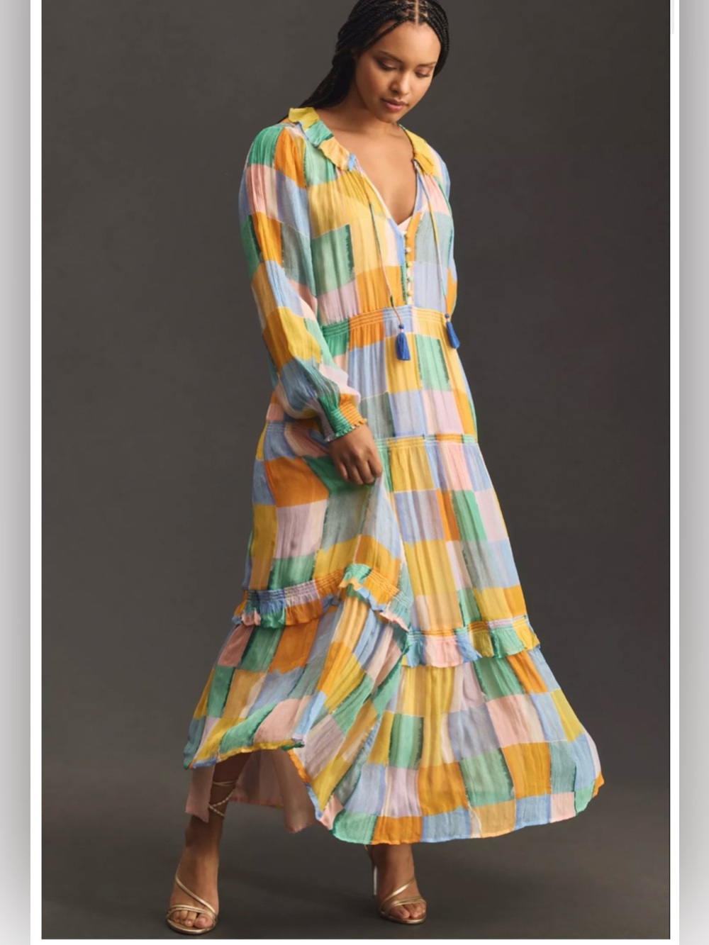 Anthropologie Marais Printed Chiffon Maxi Dress in pastel patchwork check. S.